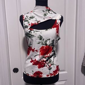 SHEIN Red Floral Cutout Tank Top